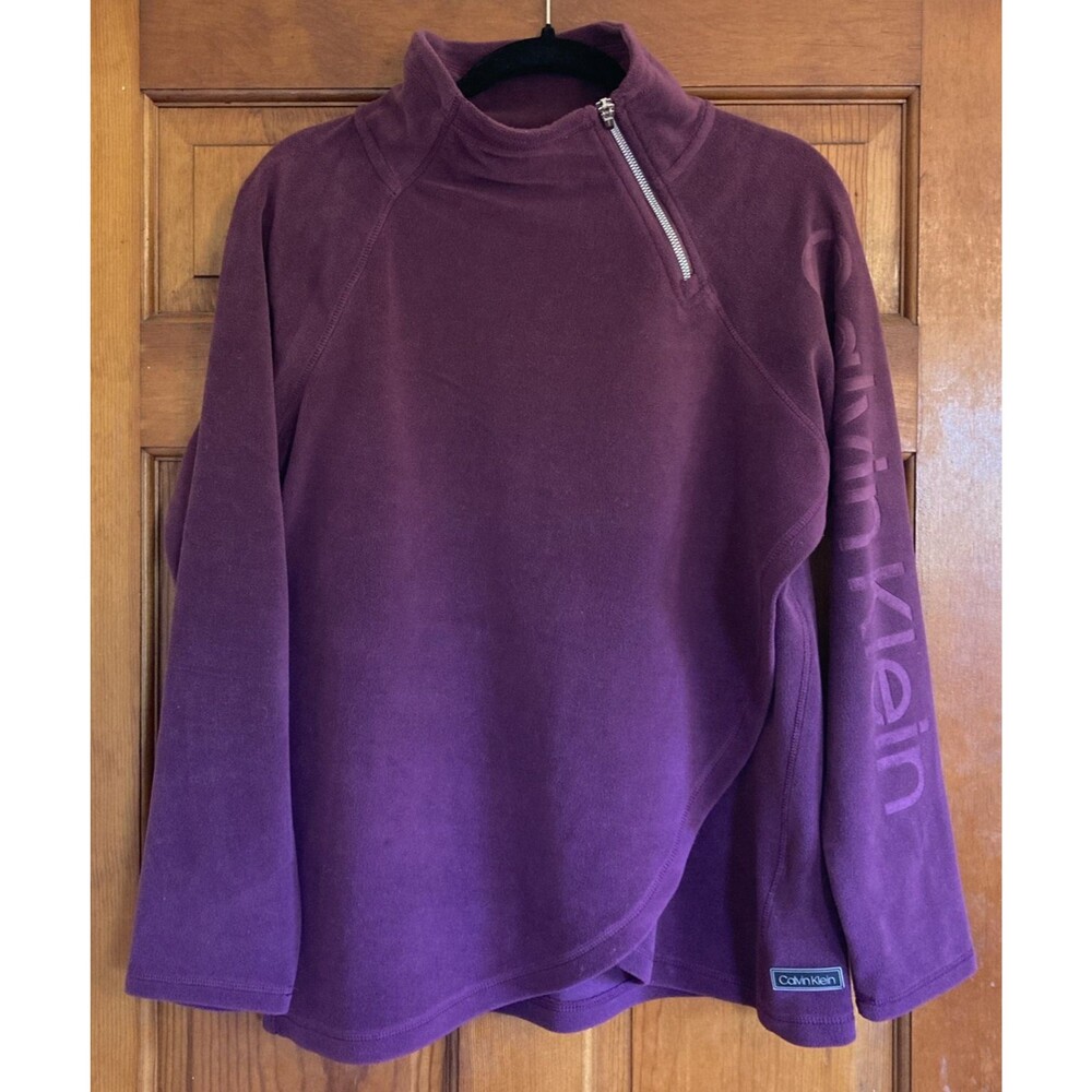 Calvin Klein Womens L Purple Asymmetrical Zip Fleece Pullover Sweater Athleisure